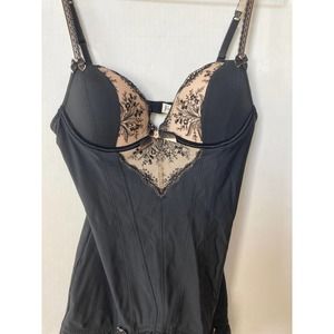 Felina Lingerie 2 PC Set Black Bow Lace Teddy w Thong